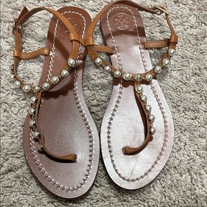 Tory Burch Elegant Brown Sandals with Pearl Accents